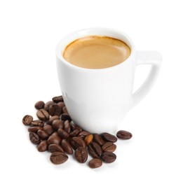 Photo of Cup of tasty espresso and scattered coffee beans on white background