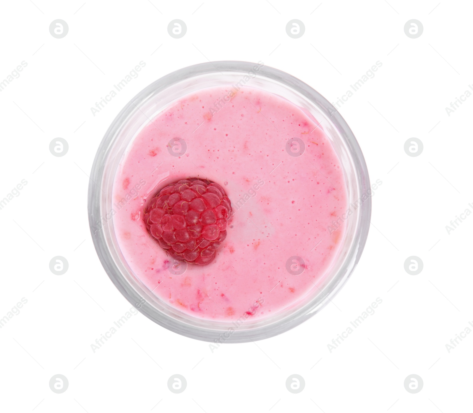 Photo of Tasty raspberry smoothie in glass isolated on white, top view