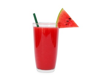 Photo of Delicious drink with piece of fresh watermelon and straw isolated on white