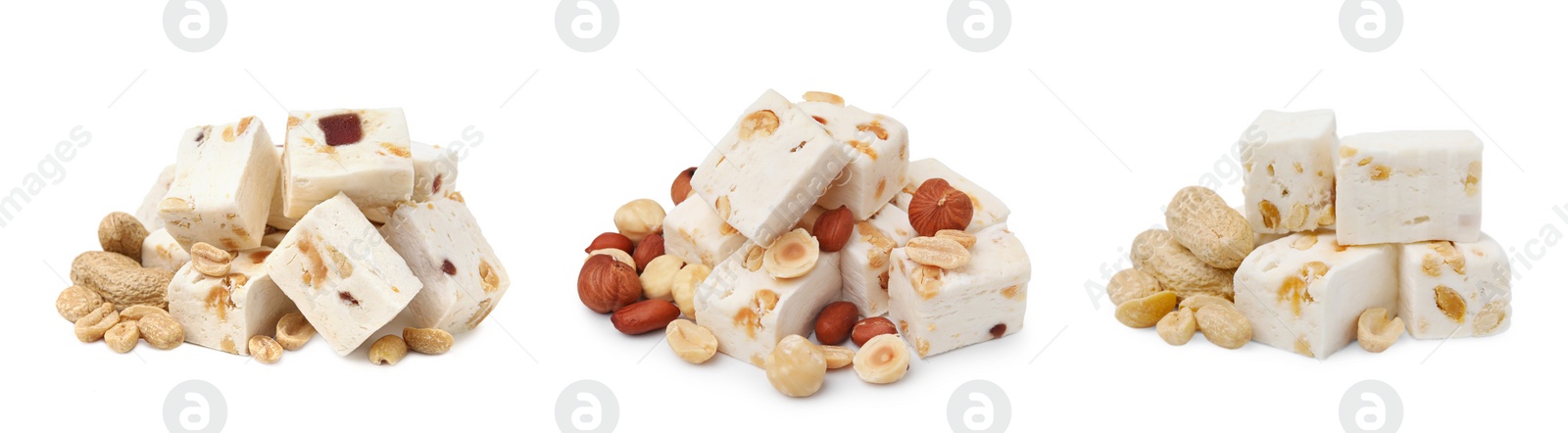 Image of Piles of delicious nougat with nuts on white background, collage design