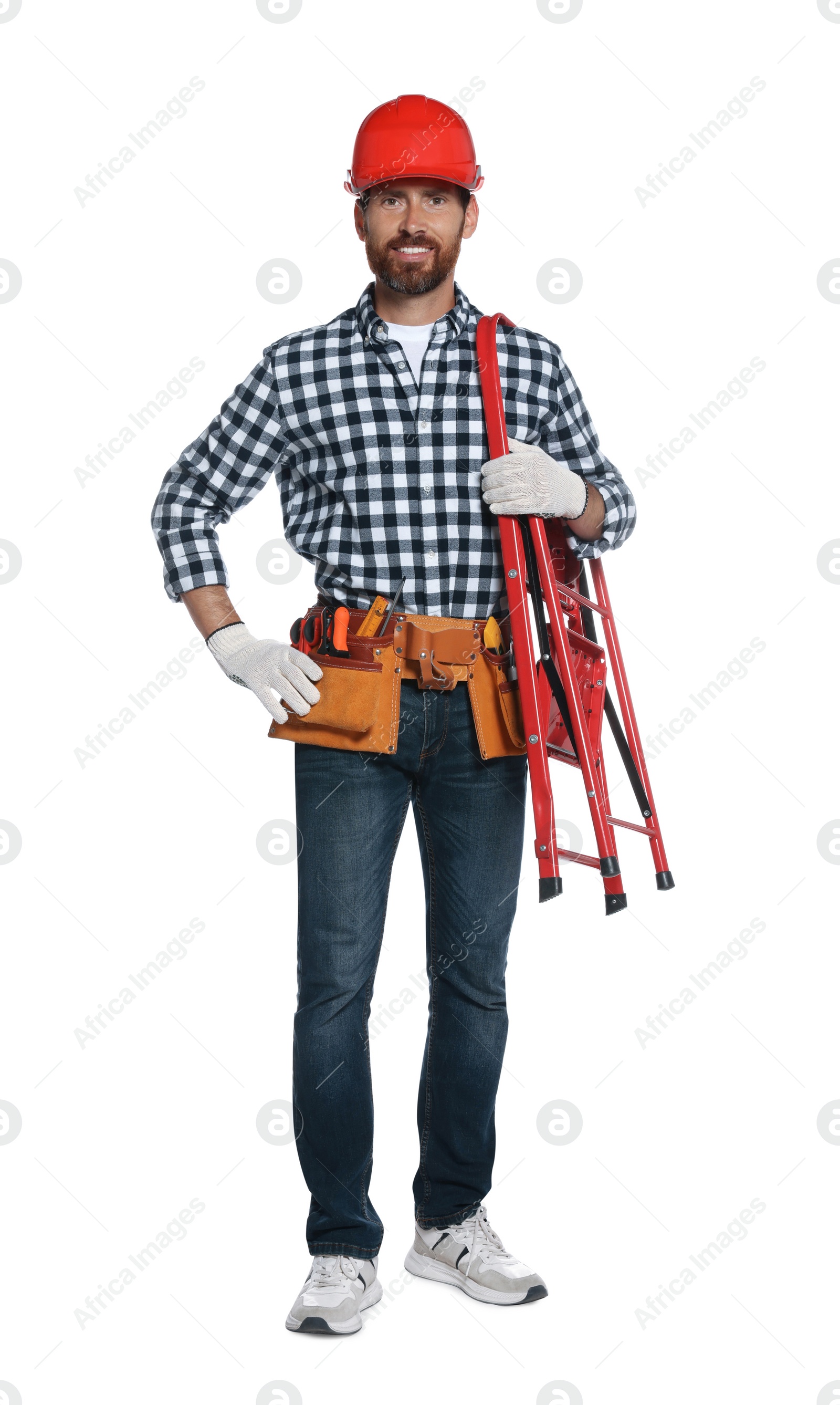 Photo of Professional builder in hard hat with tool belt isolated on white