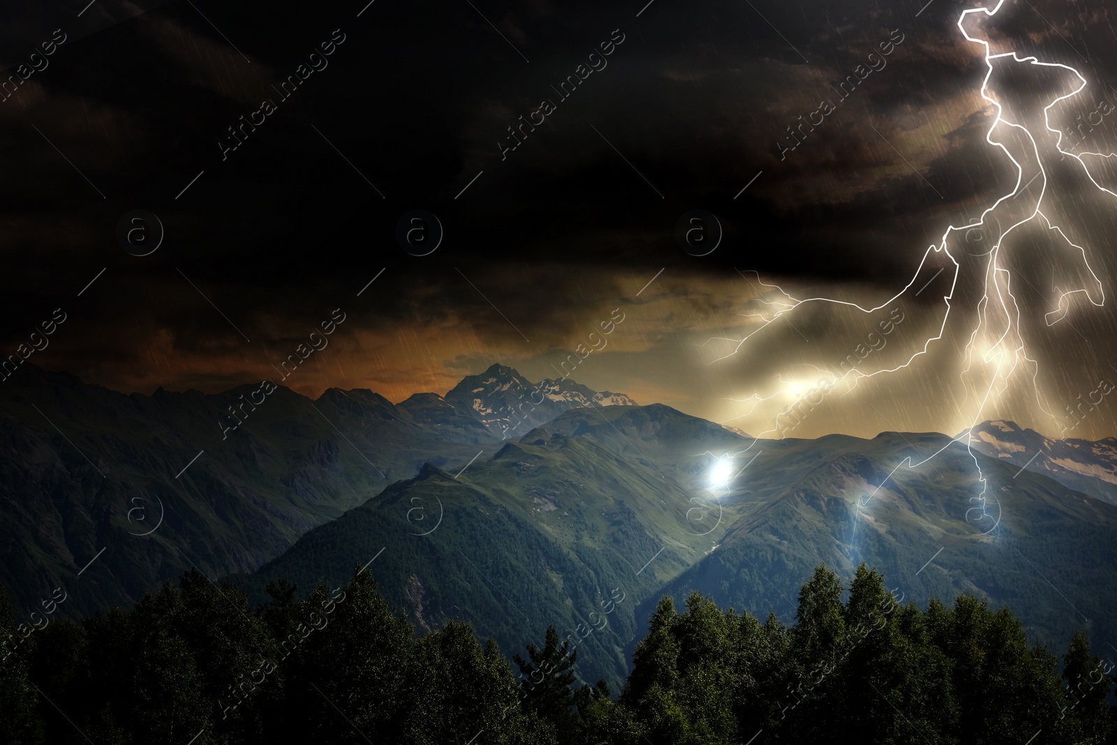 Image of Thunder cloud with lightnings over mountains. Severe weather