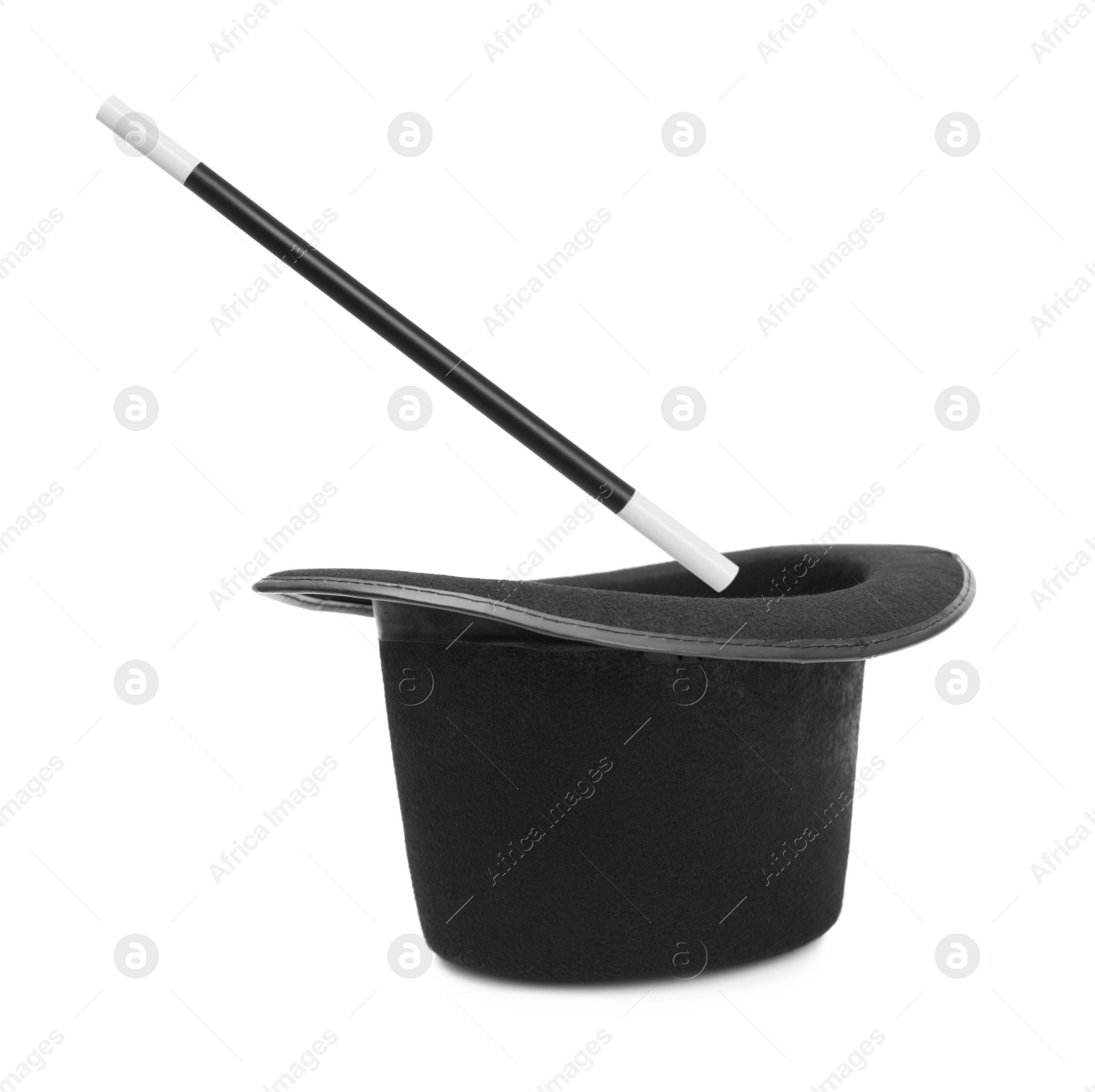 Image of Magic wand and top hat isolated on white. Magician trick