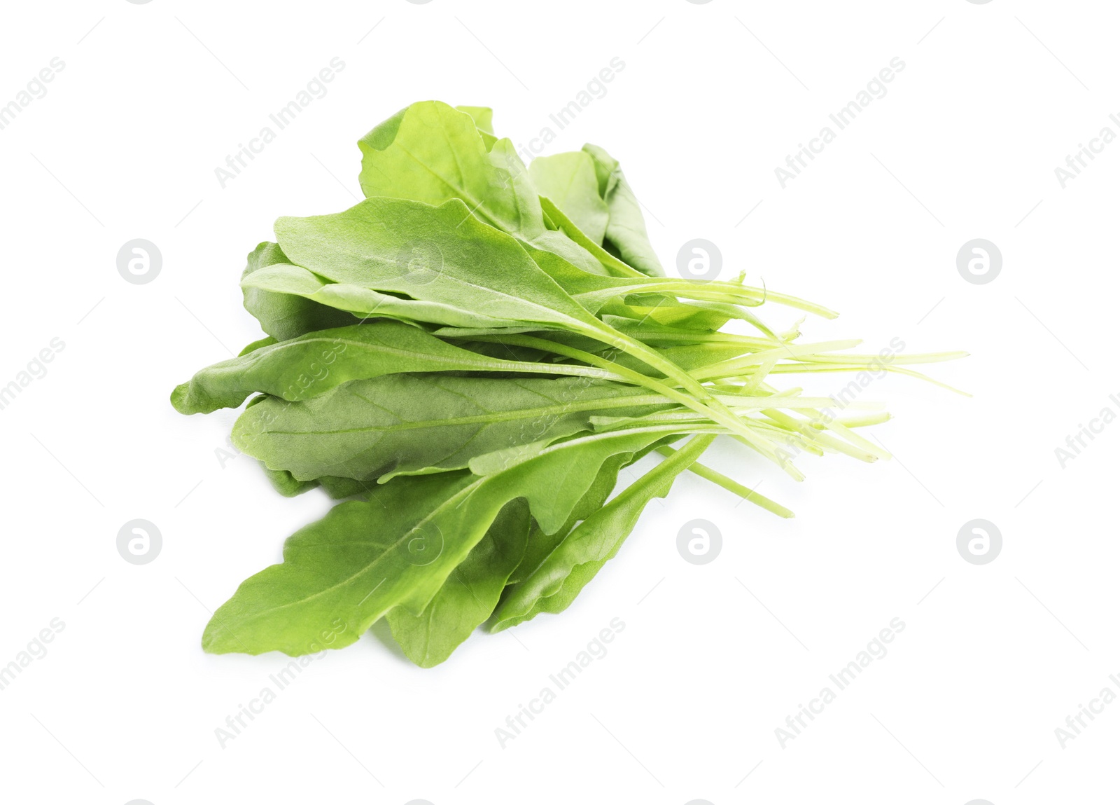 Photo of Fresh green arugula leaves on white background