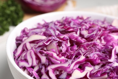 Photo of Bowl with shredded red cabbage, closeup view
