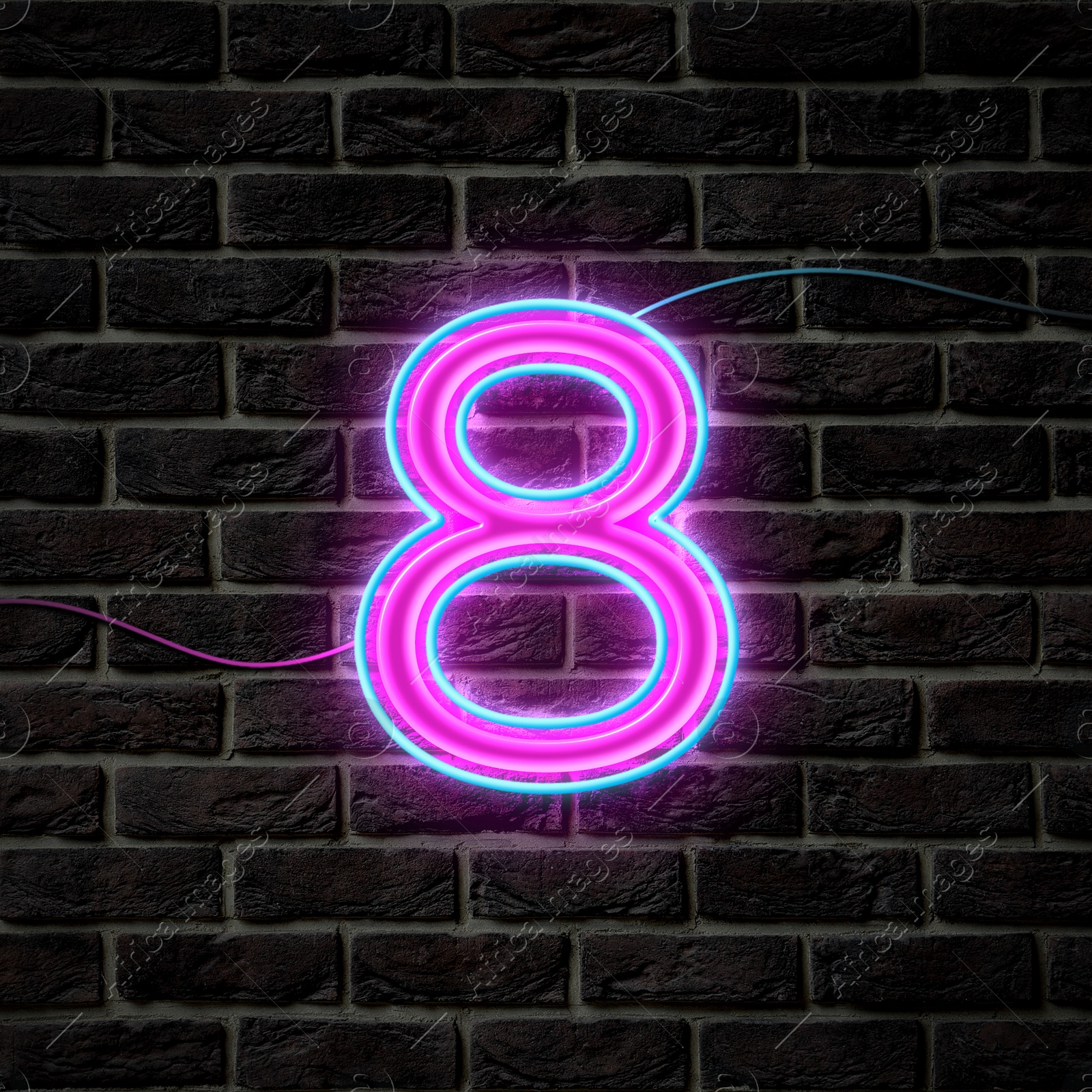 Image of Glowing neon number 8 sign on brick wall