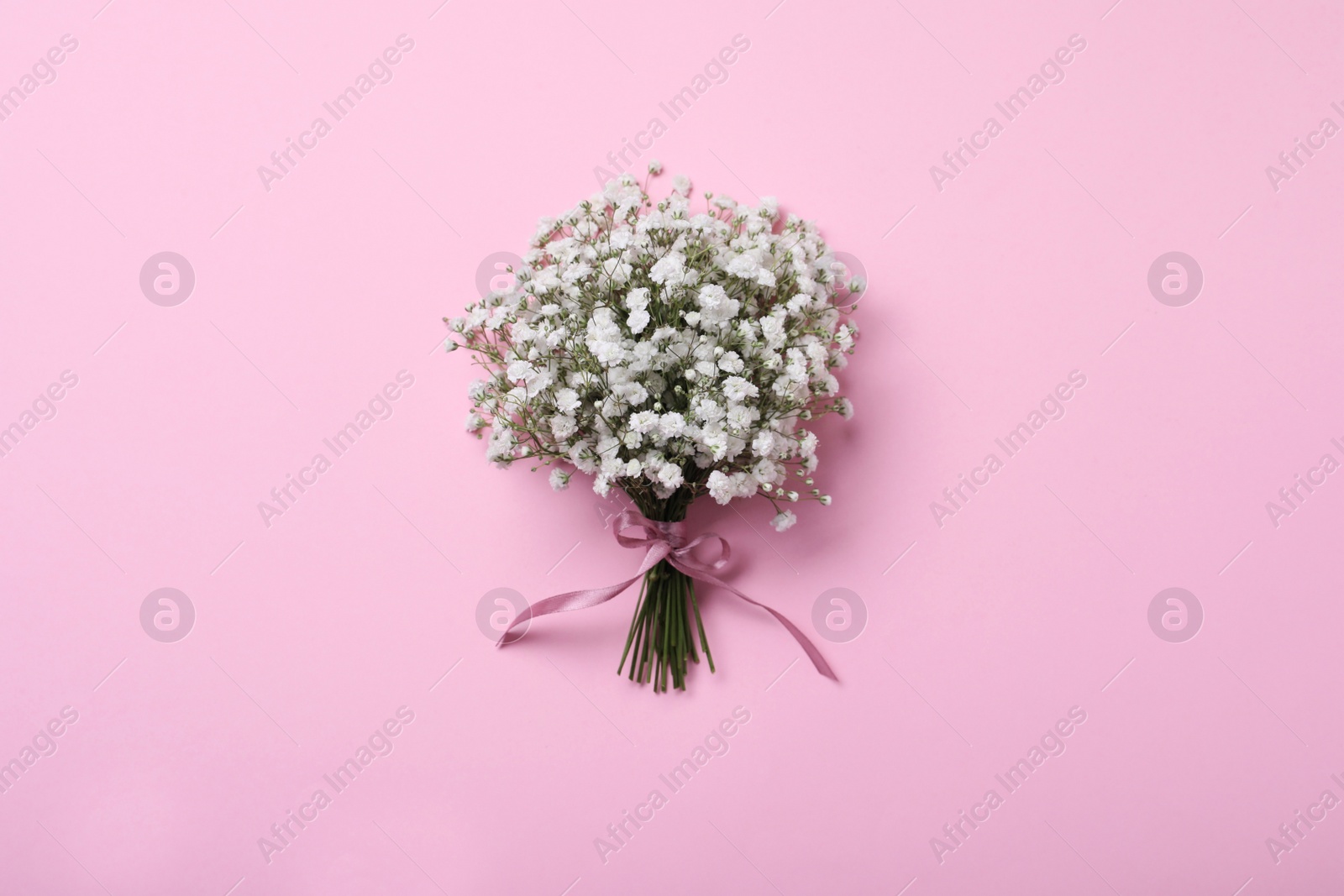 Photo of Bouquet of white gypsophila with ribbon on pink background, top view