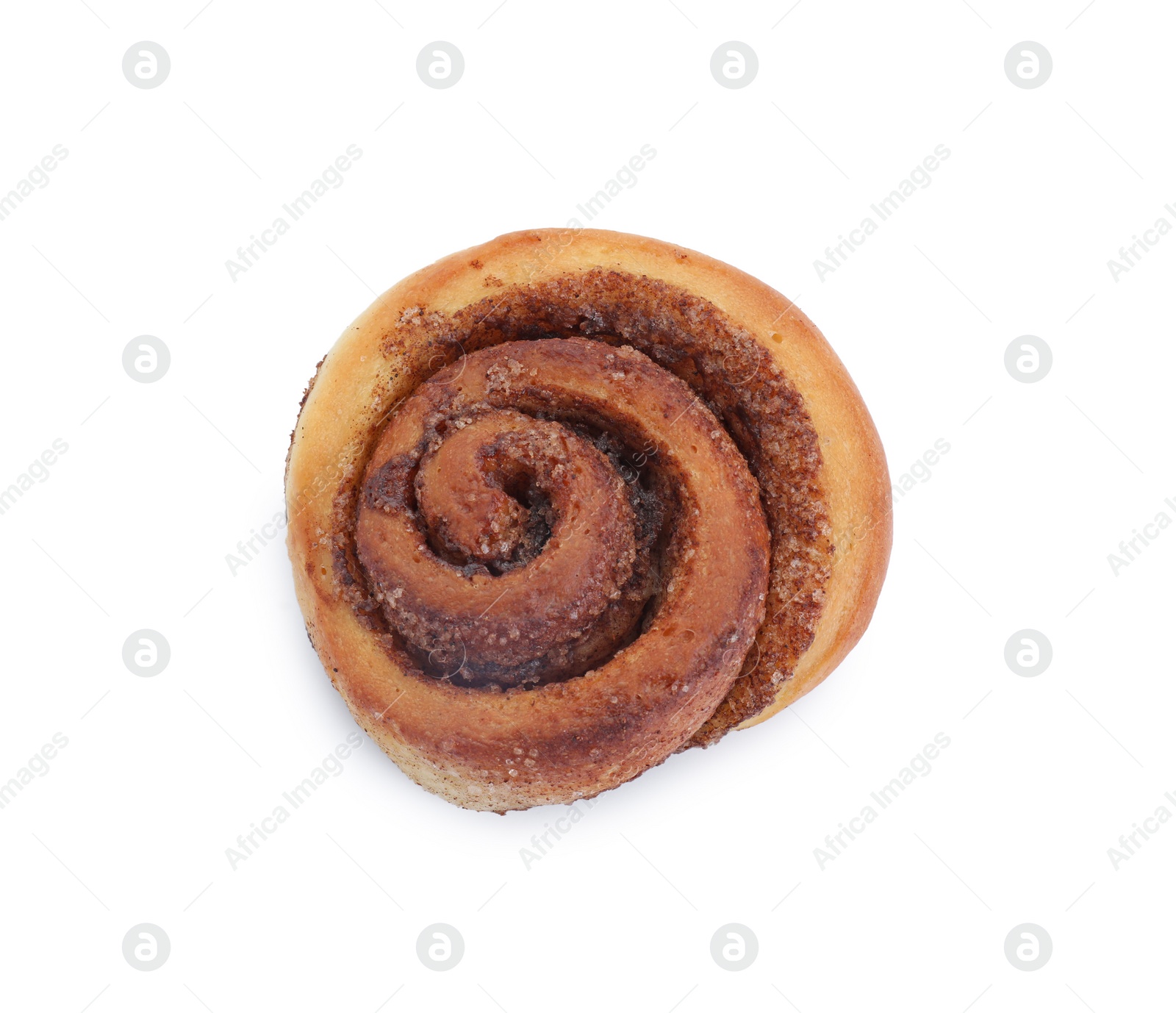 Photo of One tasty cinnamon roll isolated on white, top view