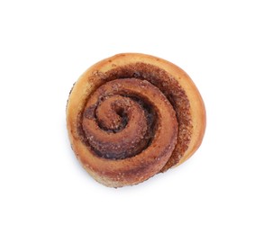 One tasty cinnamon roll isolated on white, top view