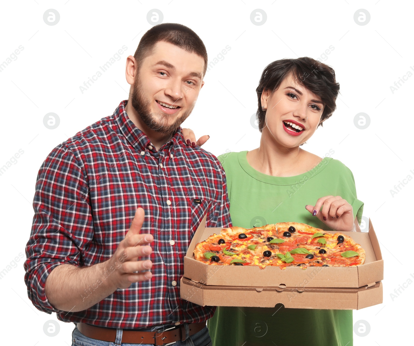 Photo of Attractive young couple with delicious pizza on white background