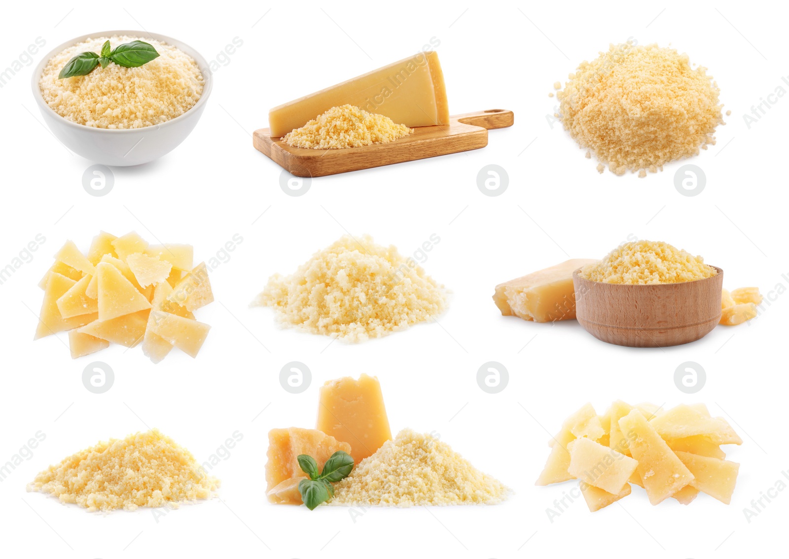 Image of Set with delicious parmesan cheese on white background