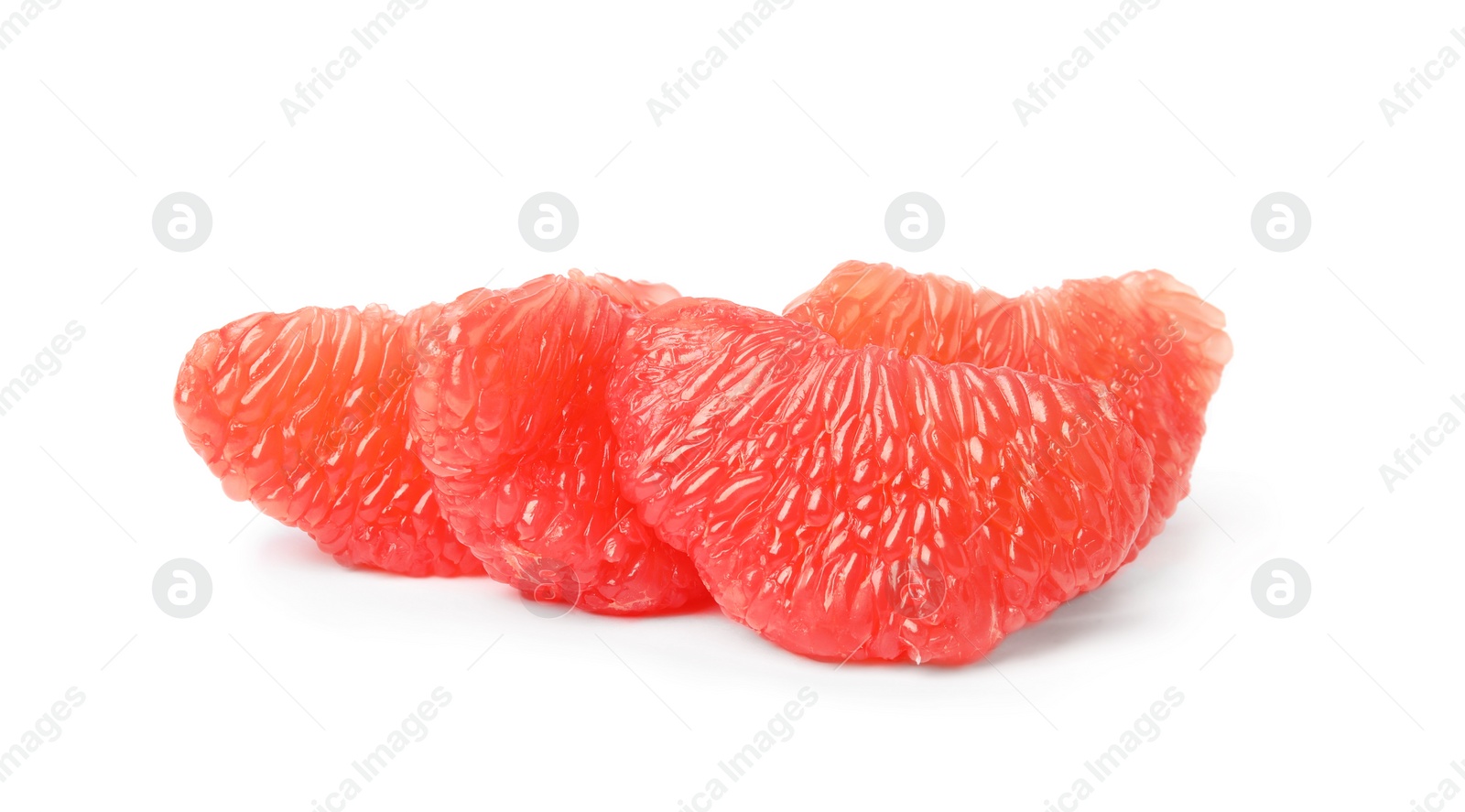 Photo of Slices of ripe juicy grapefruit on white background