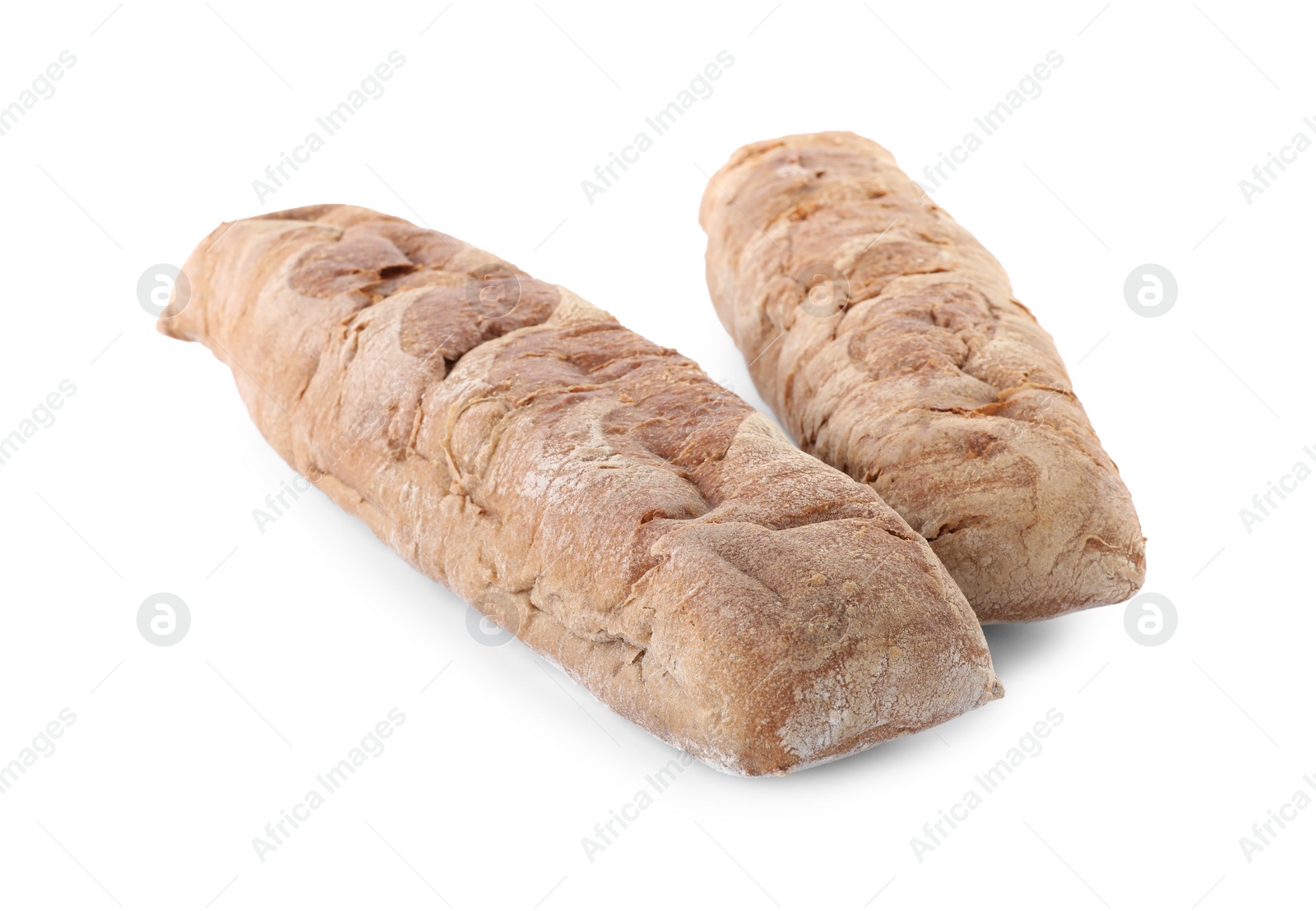 Photo of Tasty rye baguettes on white background. Fresh bread