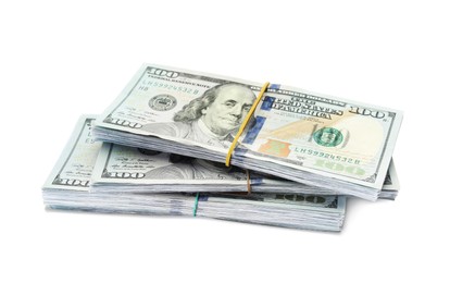 Photo of Stack of dollar banknotes on white background. American national currency