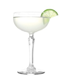 Glass of tasty martini with lime on white background