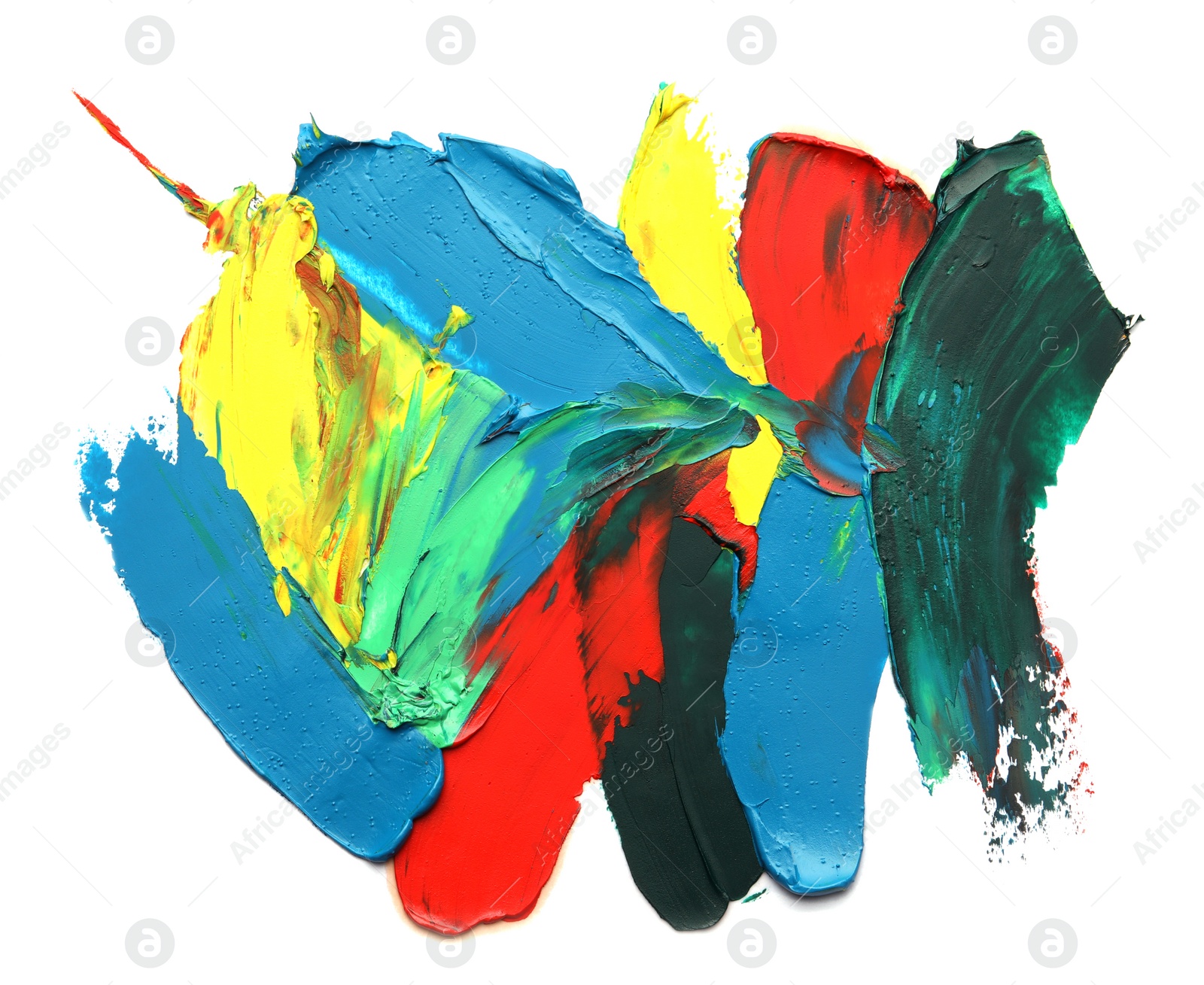 Photo of Colorful oil paint strokes on white background, top view