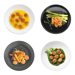 Image of Set with delicious fried scallops in plates isolated on white, top view