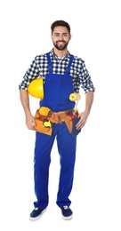 Photo of Full length portrait of construction worker with tool belt on white background