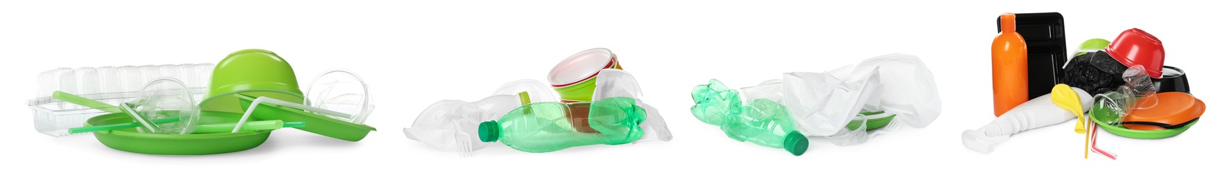 Image of Set with different plastic items on white background. Banner design