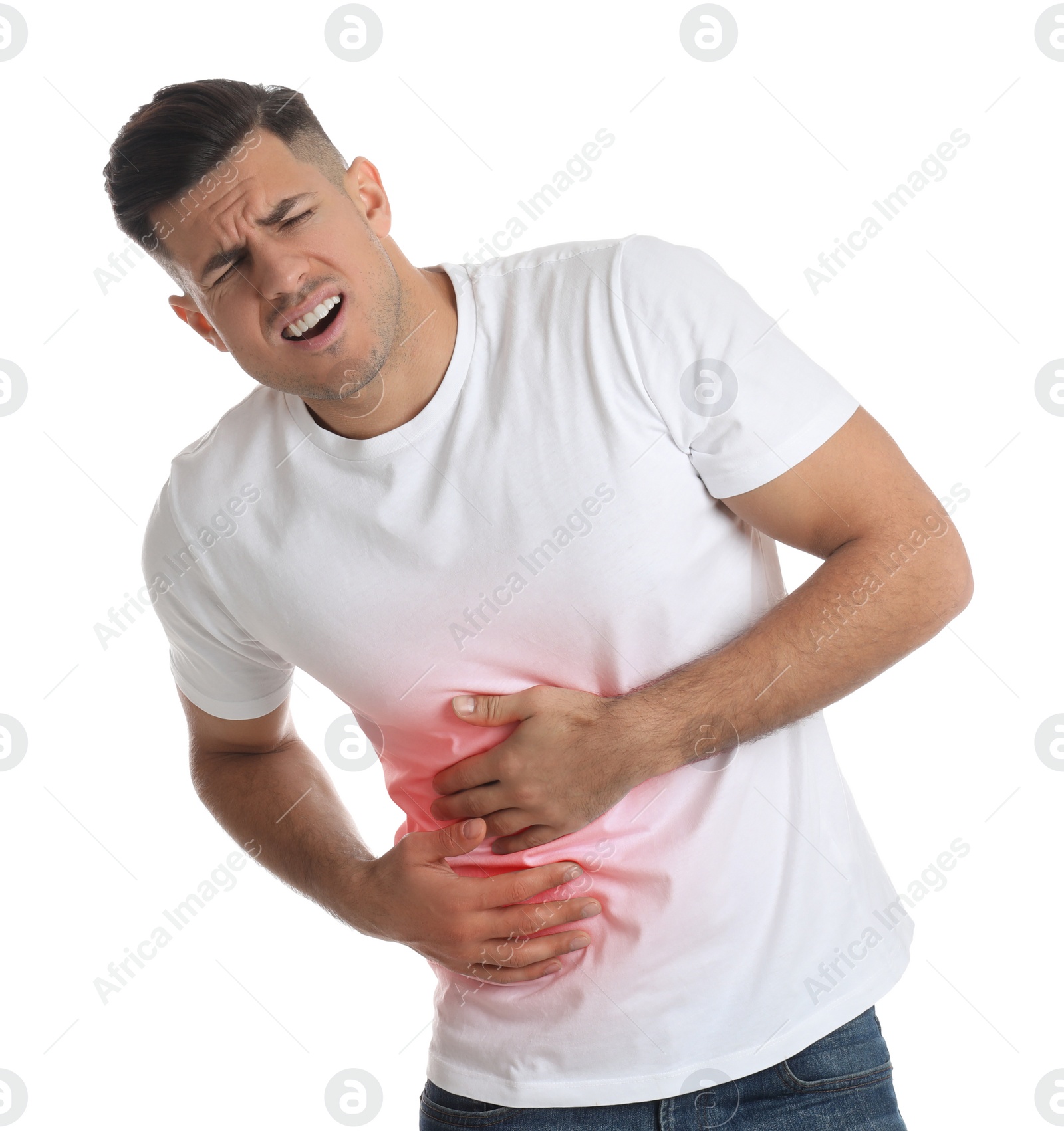 Photo of Man suffering from liver pain on white background