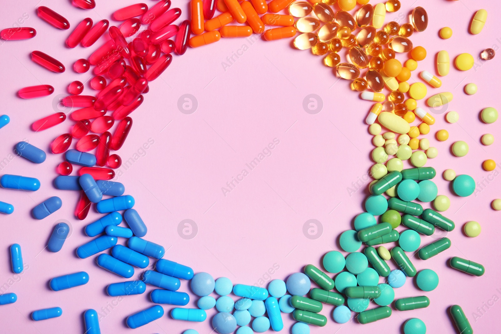 Photo of Flat lay composition with different pills and space for text on color background