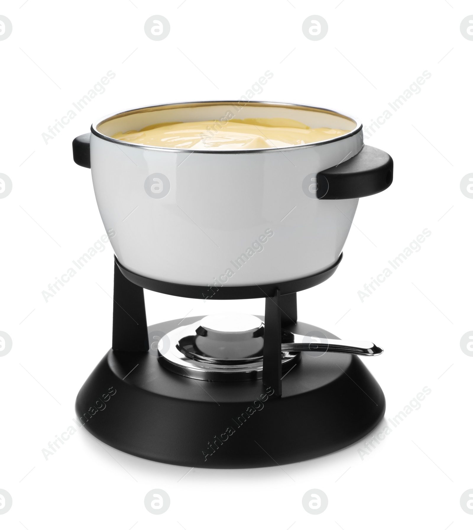 Photo of Pot with delicious cheese fondue on white background