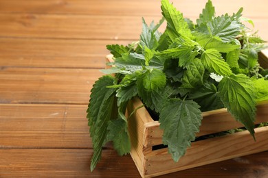 Fresh stinging nettle leaves in crate on wooden table, closeup. Space for text