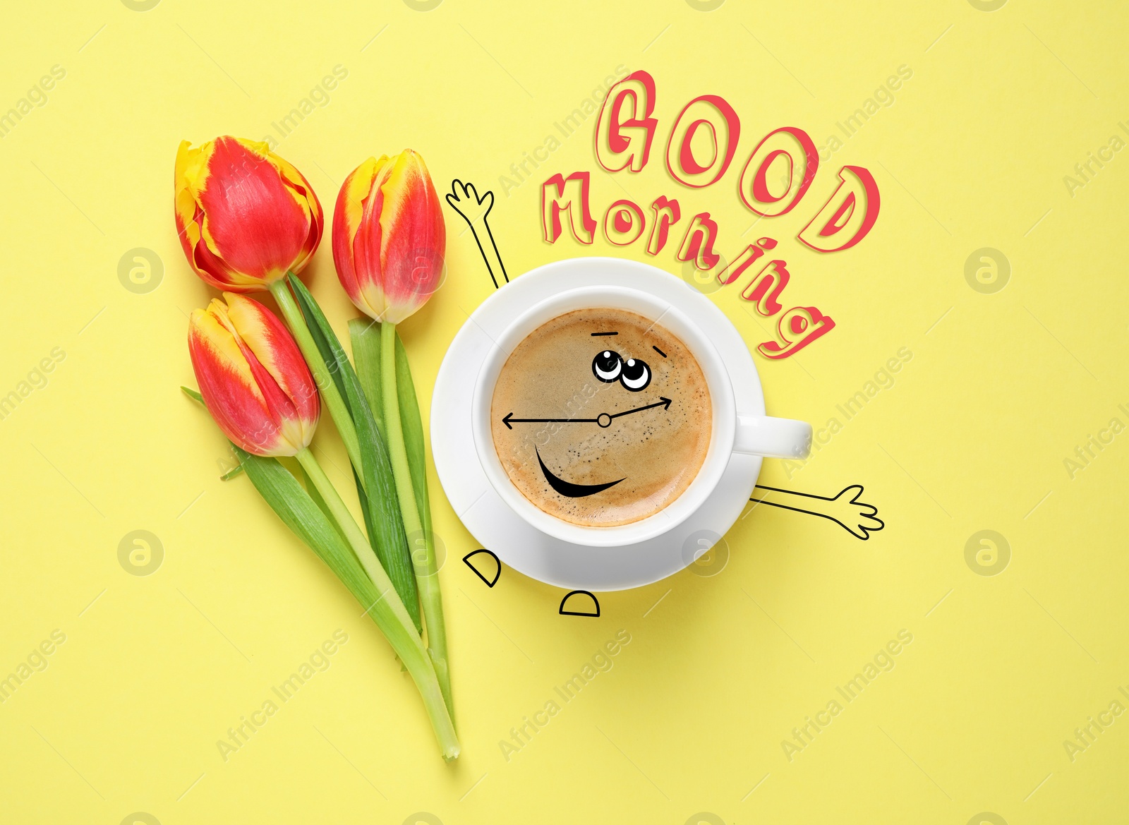 Image of Spring tulips and coffee on yellow background, flat lay. Good morning