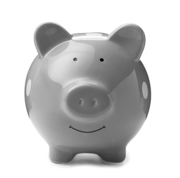 Photo of Gray piggy bank on white background. Money saving