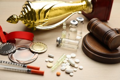 Photo of Composition with drugs on wooden table. Doping control