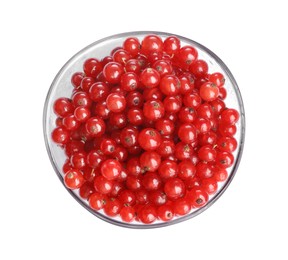 Photo of Wet ripe red currants in glass bowl isolated on white, top view