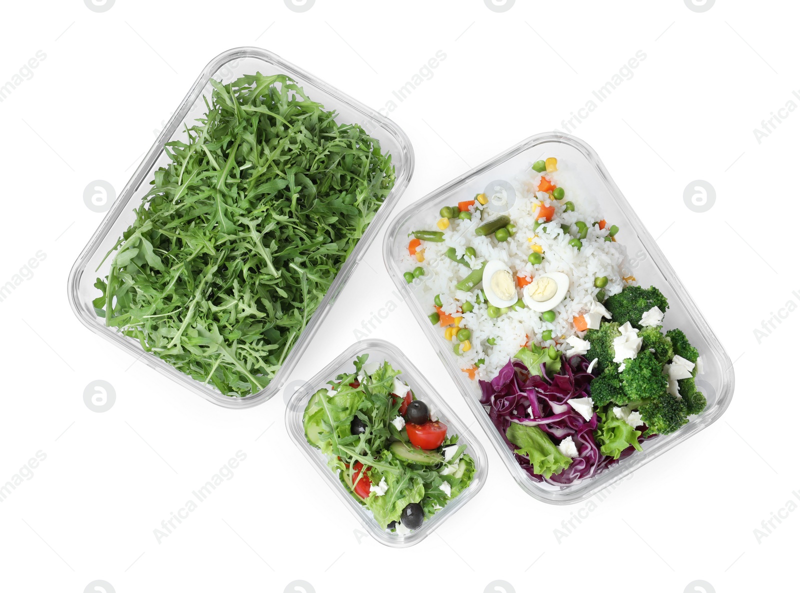 Photo of Glass containers with fresh food on white background, top view