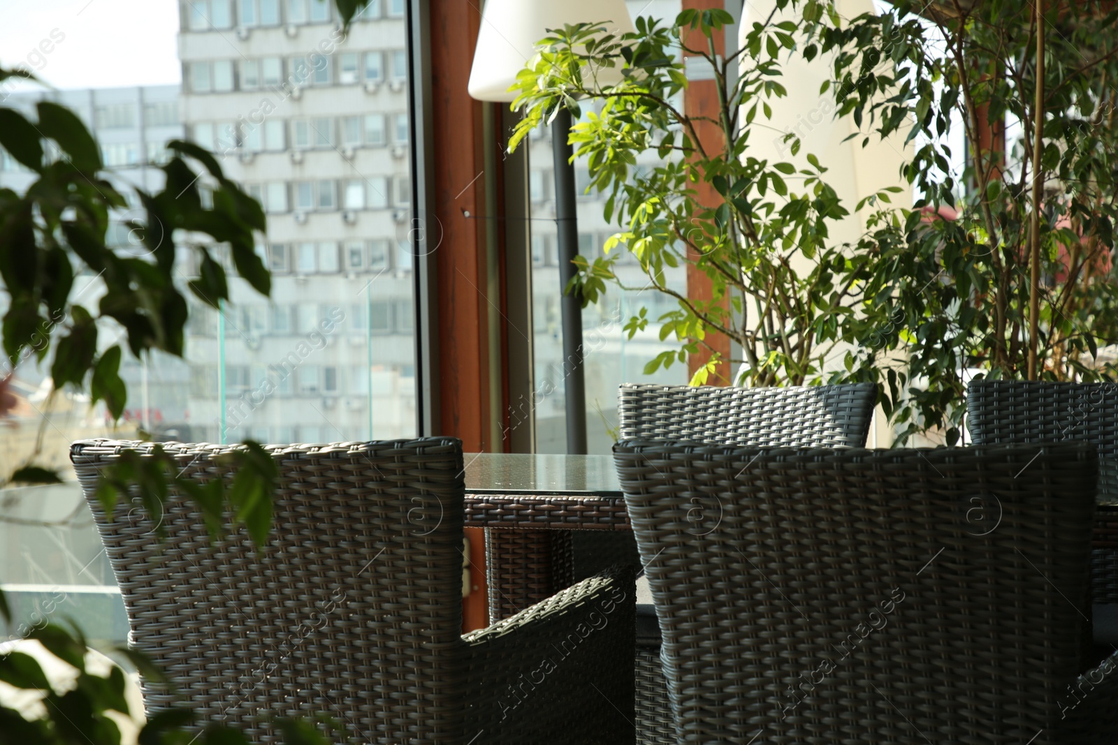 Photo of Observation area cafe. Table, chairs and green plants on terrace