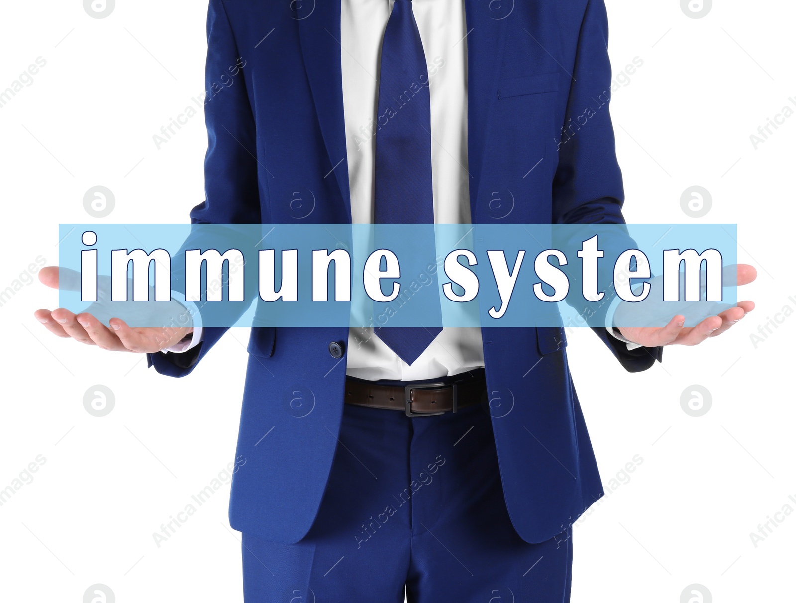 Image of Man demonstrating text Immune System on white background, closeup