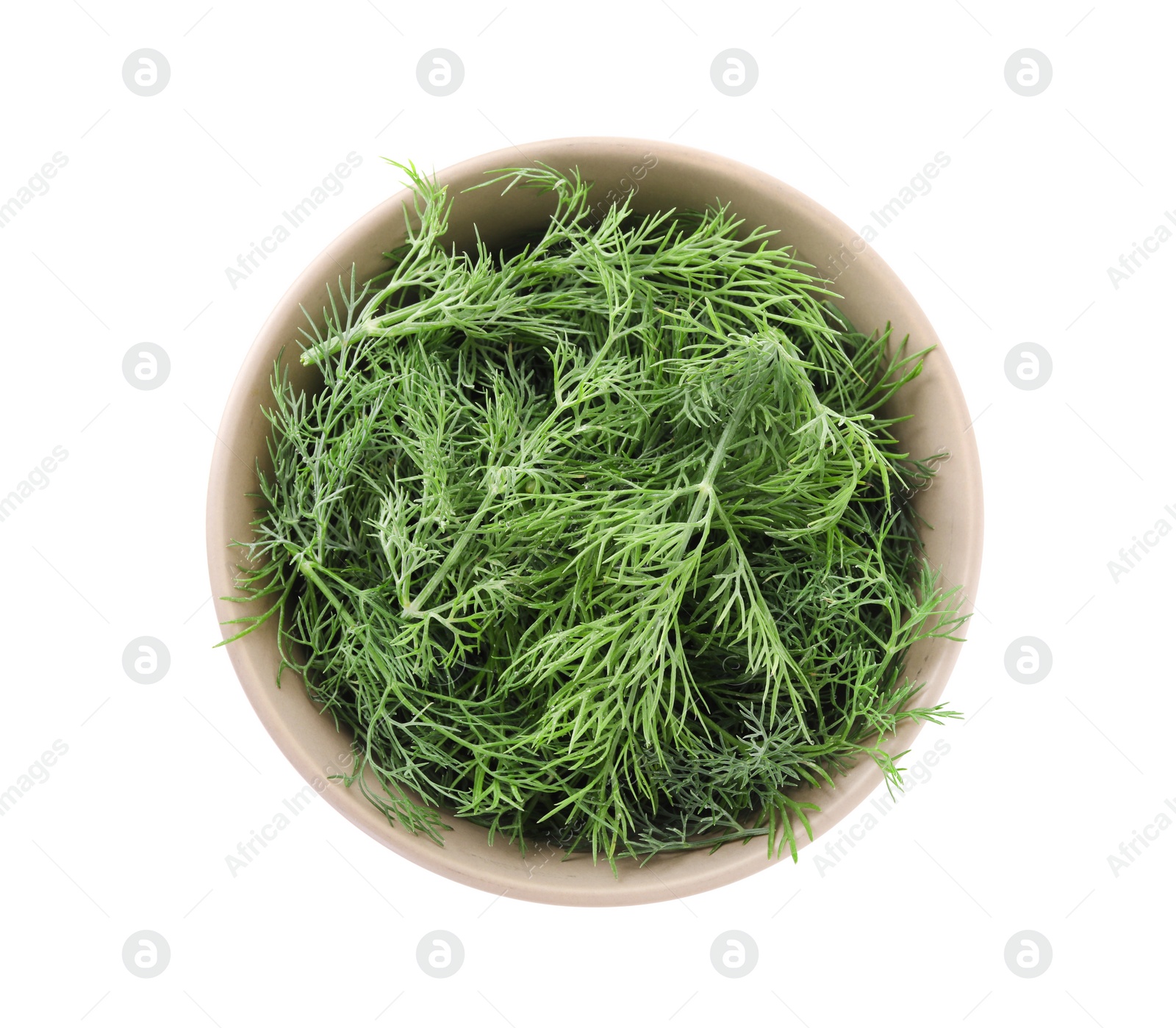 Photo of Bowl of fresh dill isolated on white, top view