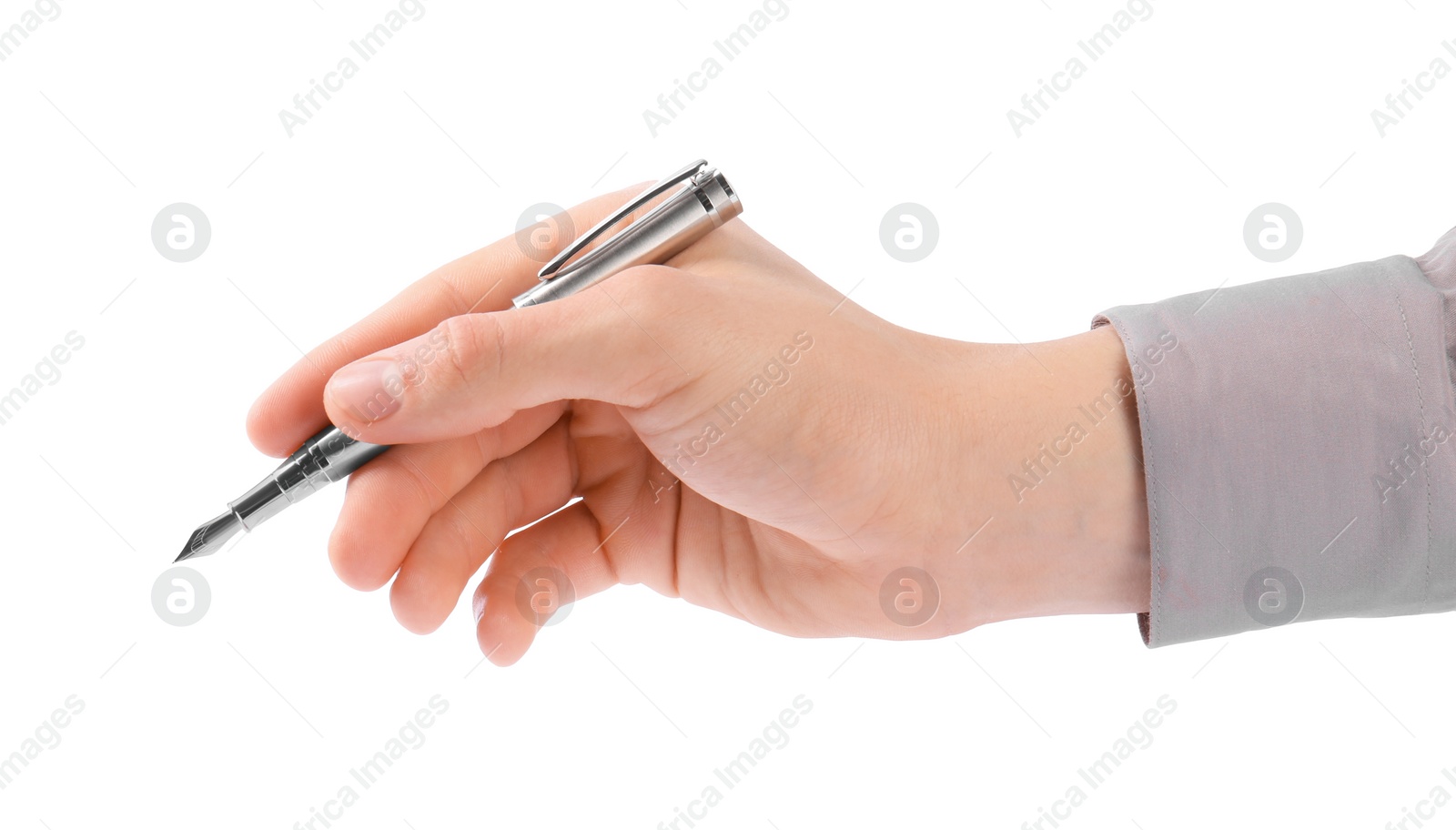 Photo of Woman holding stylish fountain pen on white background, closeup