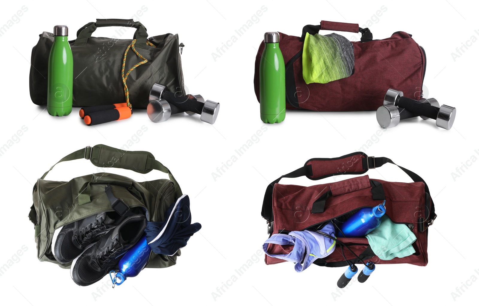 Image of Sports bag and gym equipment on white background, collage