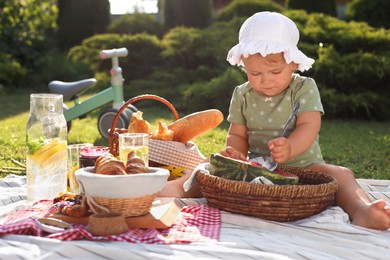 Photo of Cute child eating watermelon on picnic blanket in garden