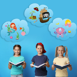 Image of Happy children reading books on blue background