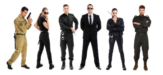 Image of Collage of different professional security guards on white background. Banner design