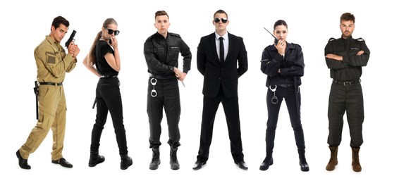 Collage of different professional security guards on white background. Banner design