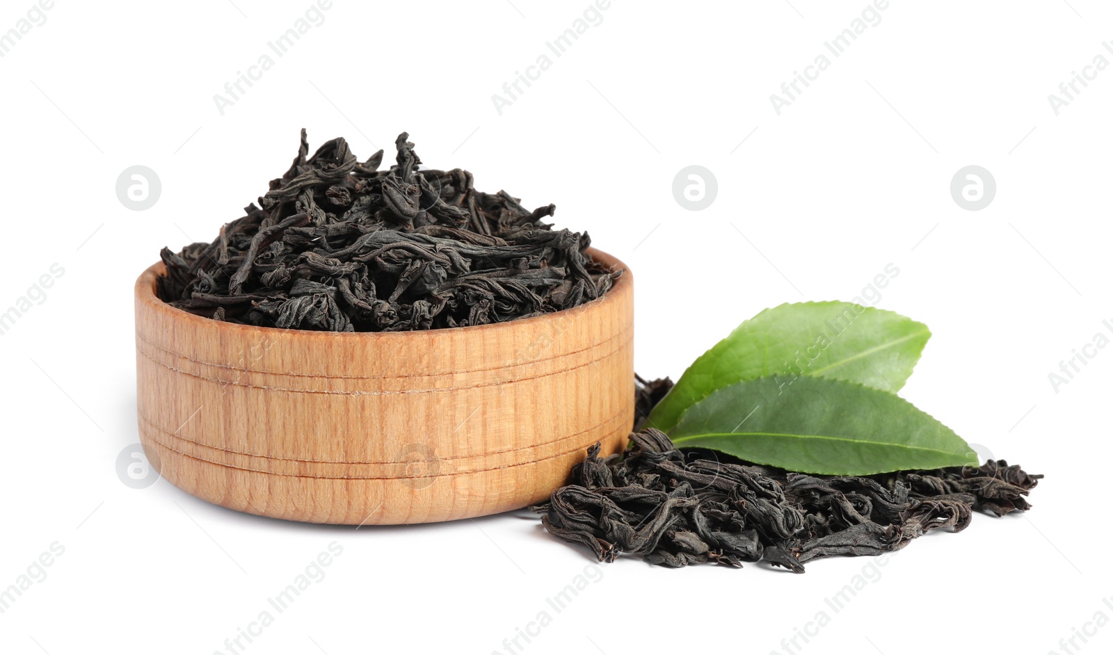 Photo of Dry and fresh tea leaves isolated on white