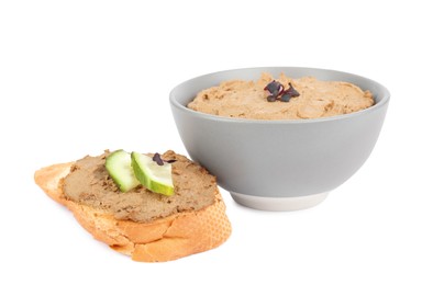 Photo of Fresh bread and bowl with delicious liver pate on white background