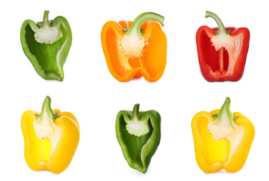 Set of different cut ripe bell peppers on white background