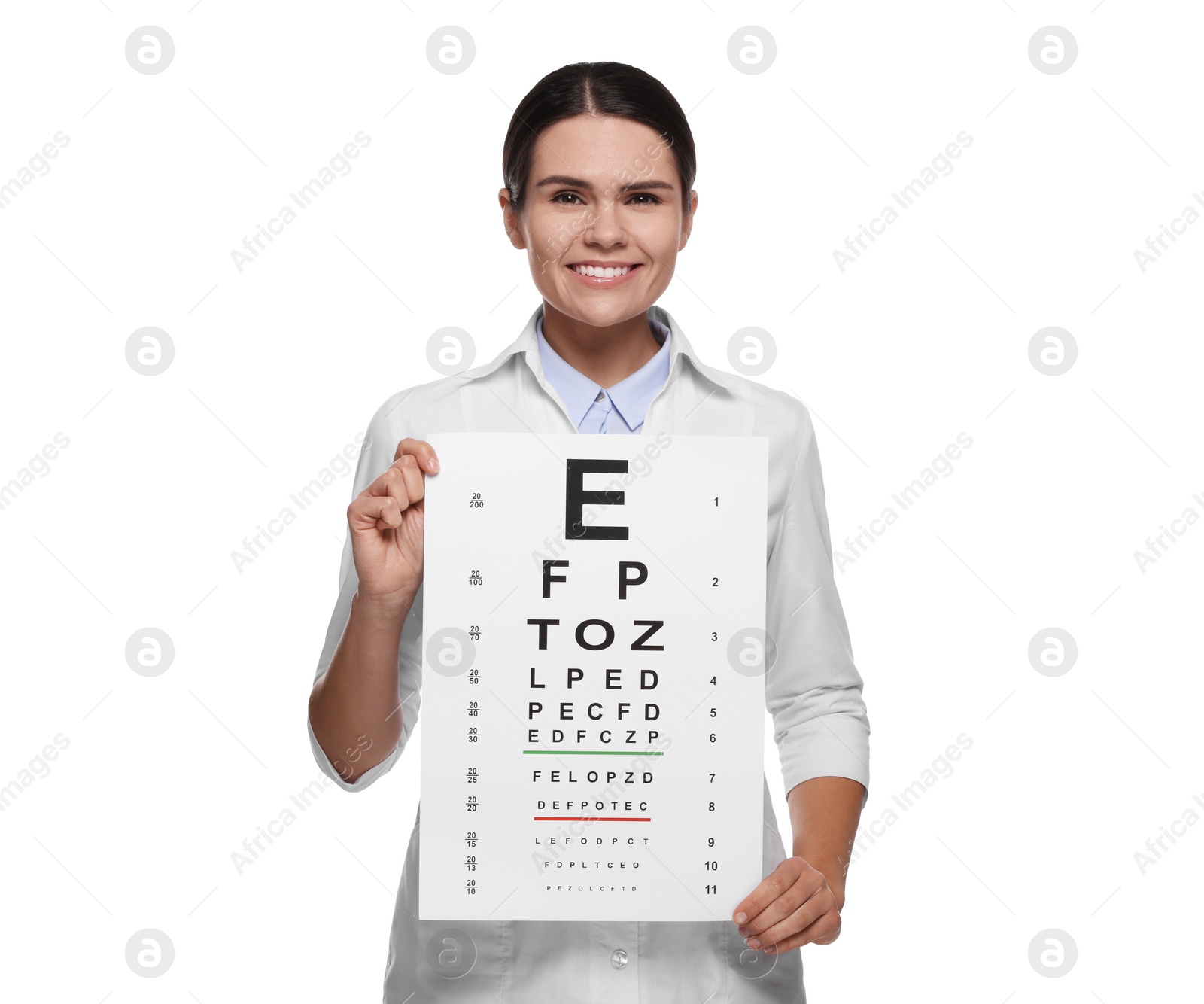 Photo of Ophthalmologist with vision test chart on white background