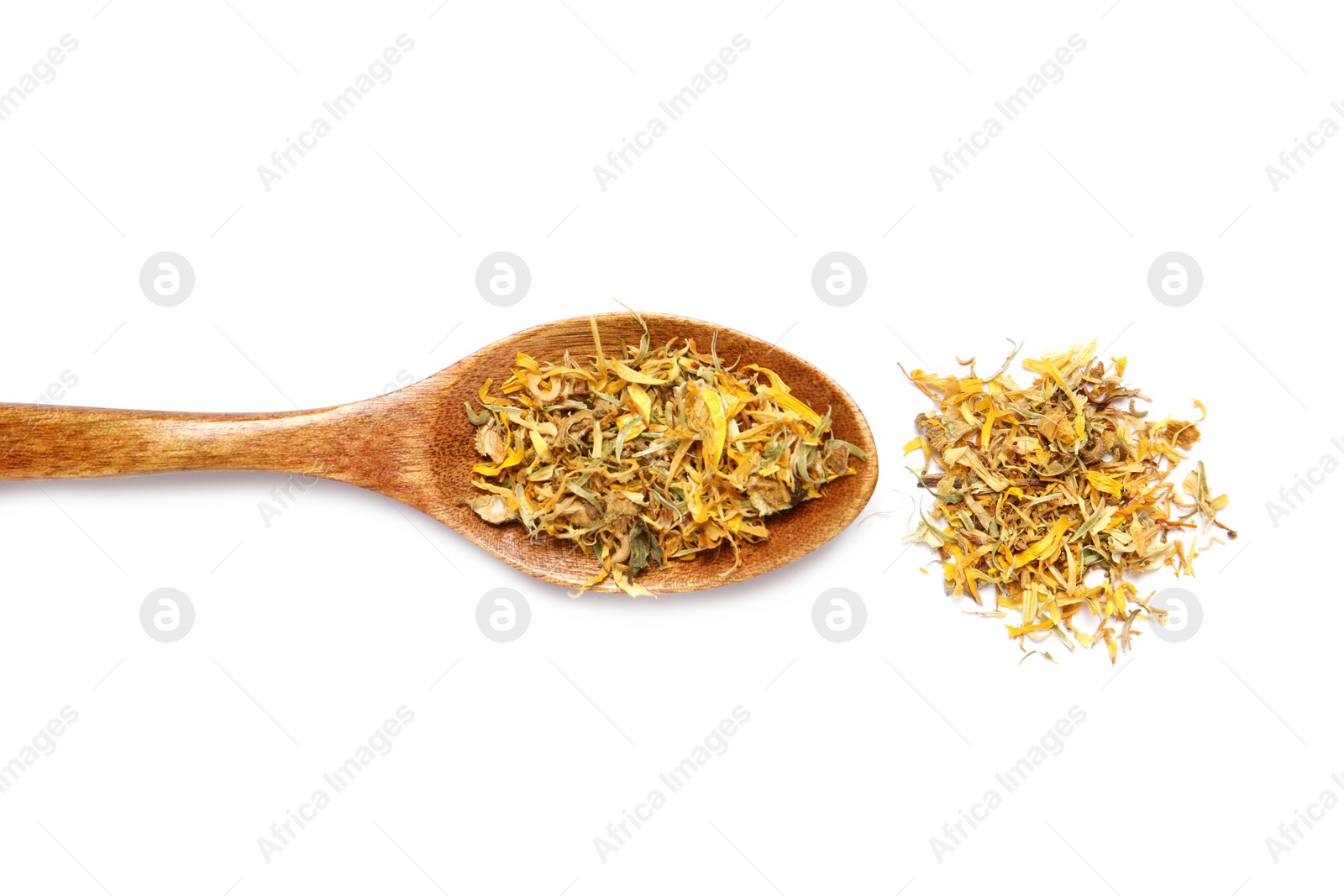 Photo of Wooden spoon with dry herbal tea on white background, top view