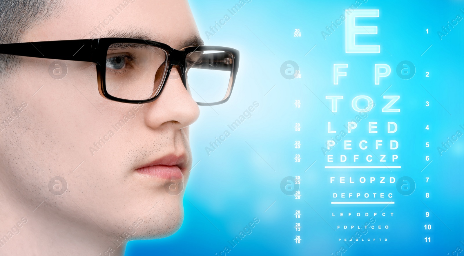 Image of Vision test. Man in glasses and eye chart on light blue background, banner design