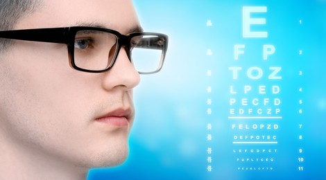 Vision test. Man in glasses and eye chart on light blue background, banner design