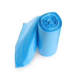 Roll of turquoise garbage bags on white background. Cleaning supplies