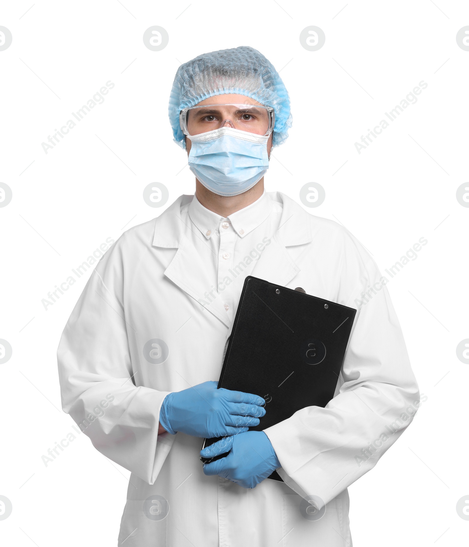 Photo of Quality control. Food inspector with clipboard on white background